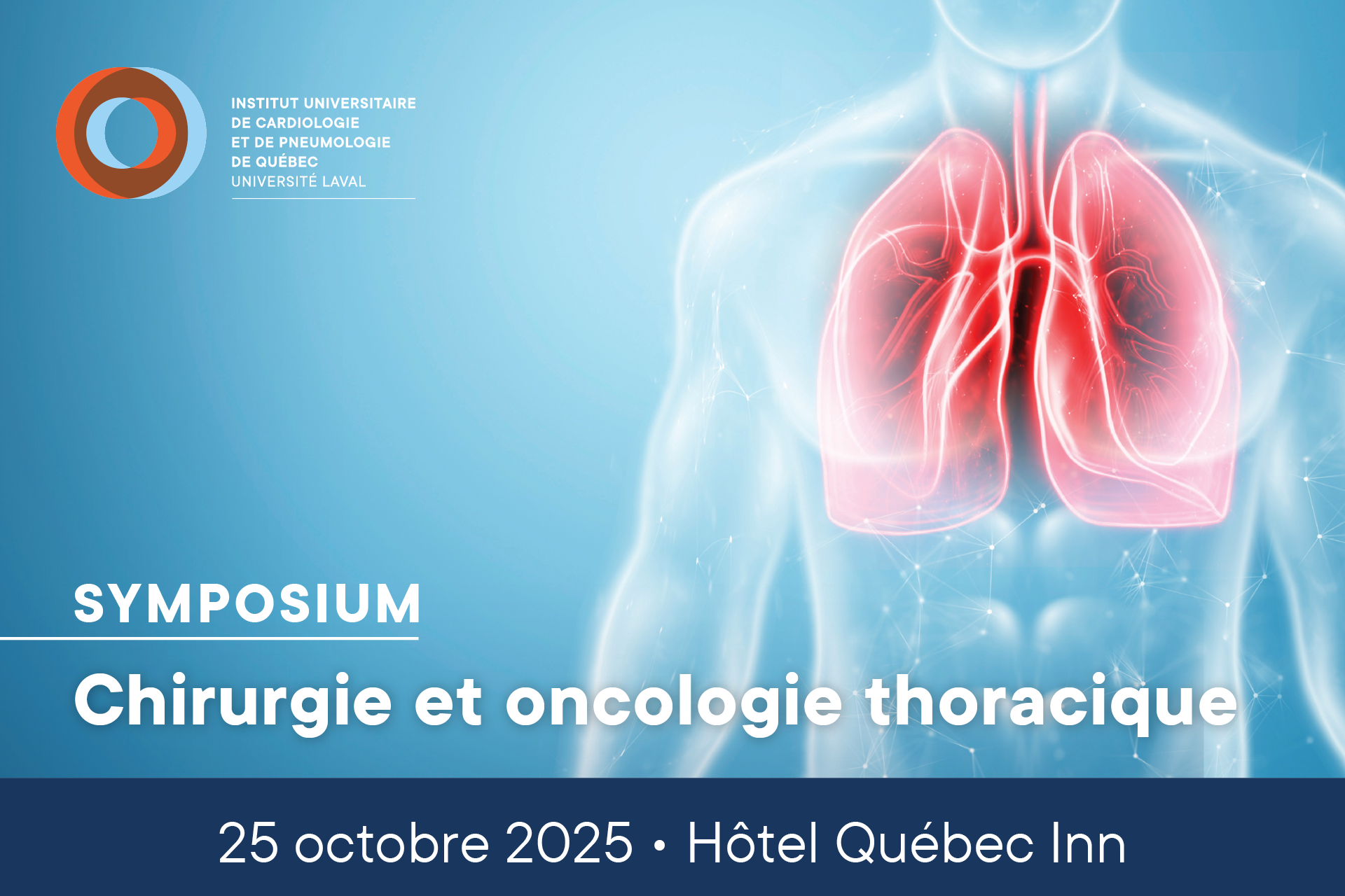 Symposium chirurgie et oncologie thoracique . On voit en fon une silhouette de tronc humain et en transparence, on voit les poumons