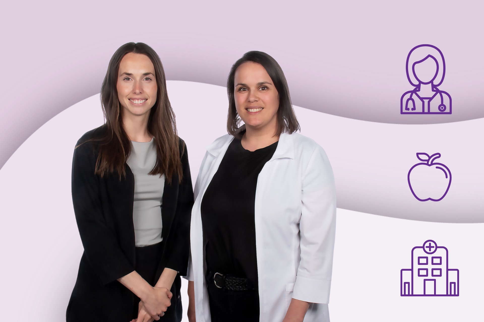 Photos de Cynthia Savard, conseillère en soins infirmiers, et Lina Guérard, conseillère professionnelle en nutrition, et 3 pictogrammes : une infirmière, une pomme et un hôpital