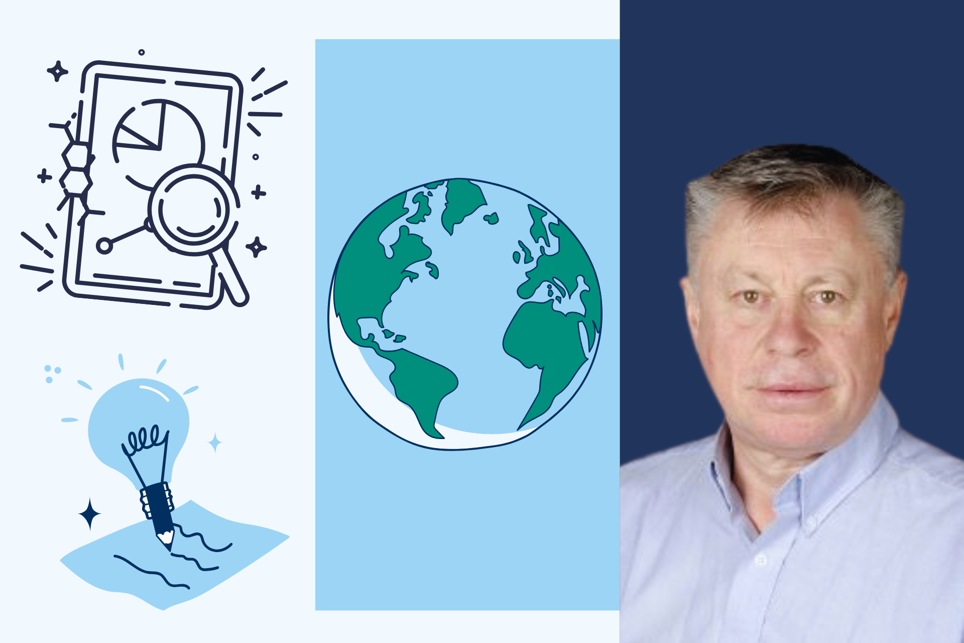 Photo portrait de Dr Philippe De Wals et des pictogrammes de la planète Terre, d’une ampoule symbolisant la découverte et de molécule