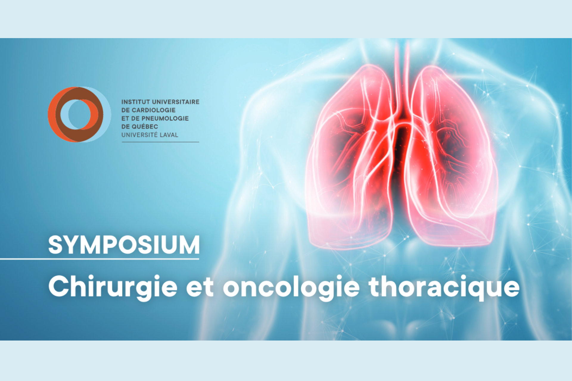 Symposium chirurgie et oncologie thoracique . On voit en fon une silhouette de tronc humain et en transparence, on voit les poumons