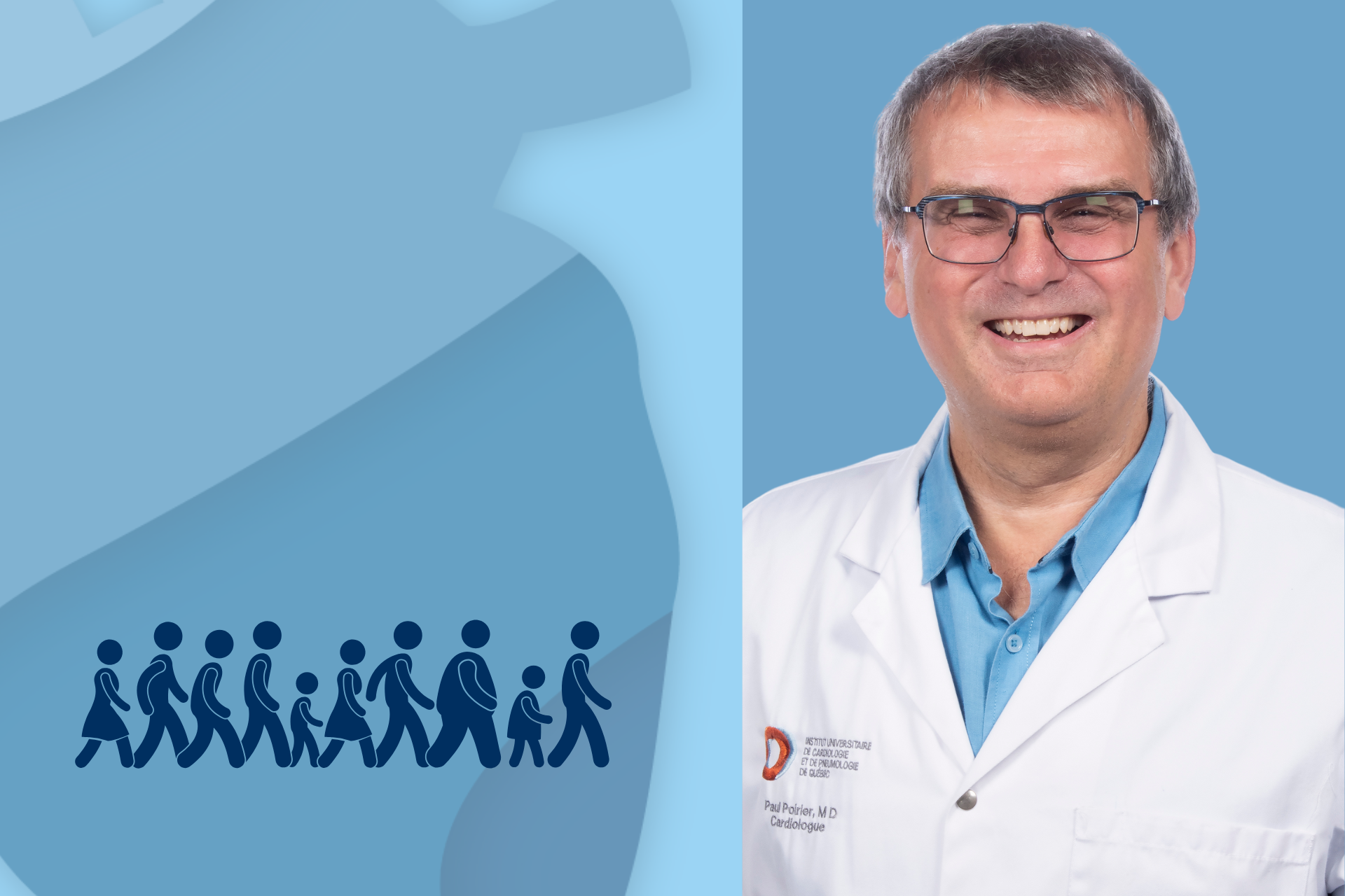 Dr Paul Poirier, pictogramme d'un coeur humain et de silhouettes de personnes qui marche