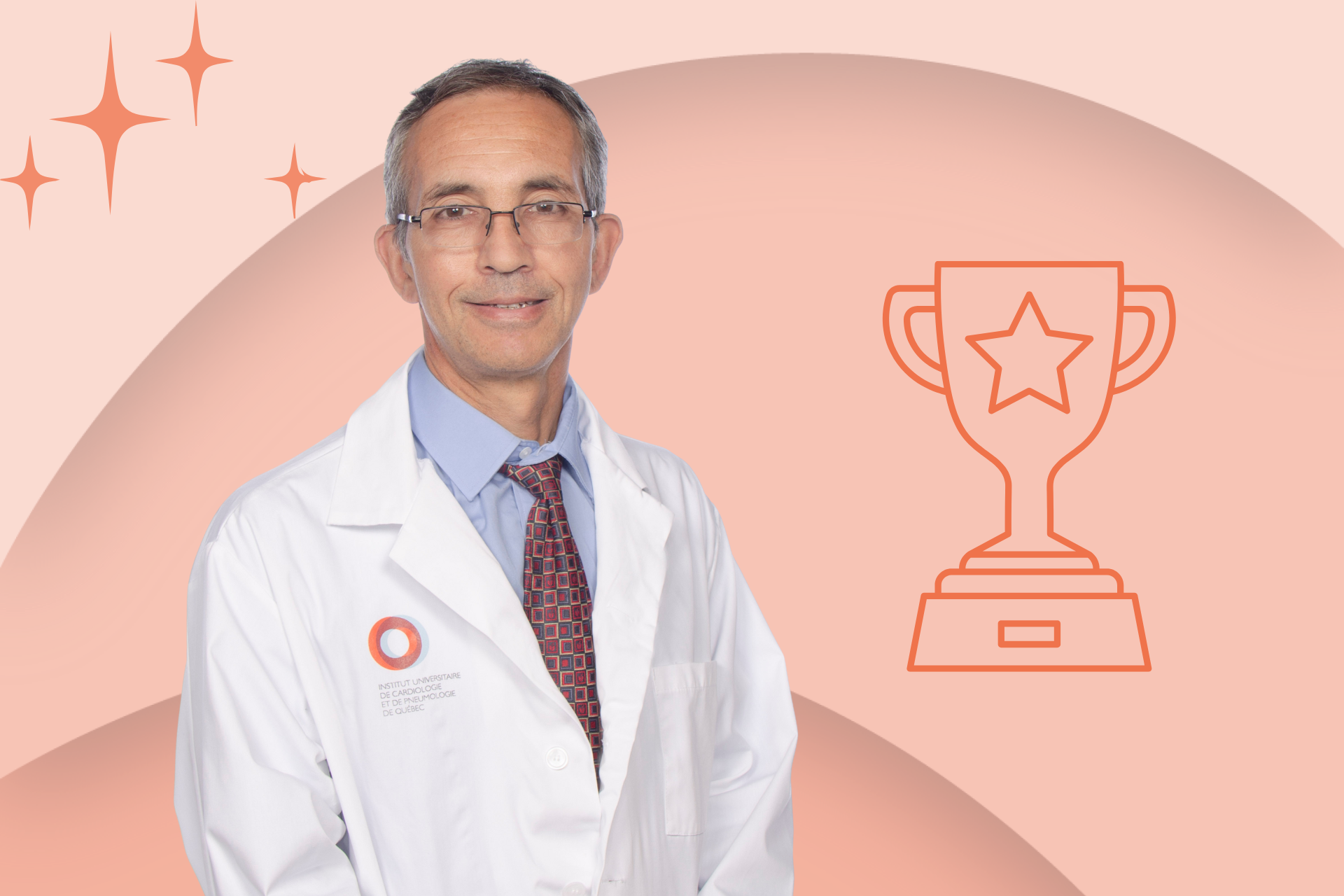 Photo du Dr Pibarot et pictogrammes de trophée et d'étoiles