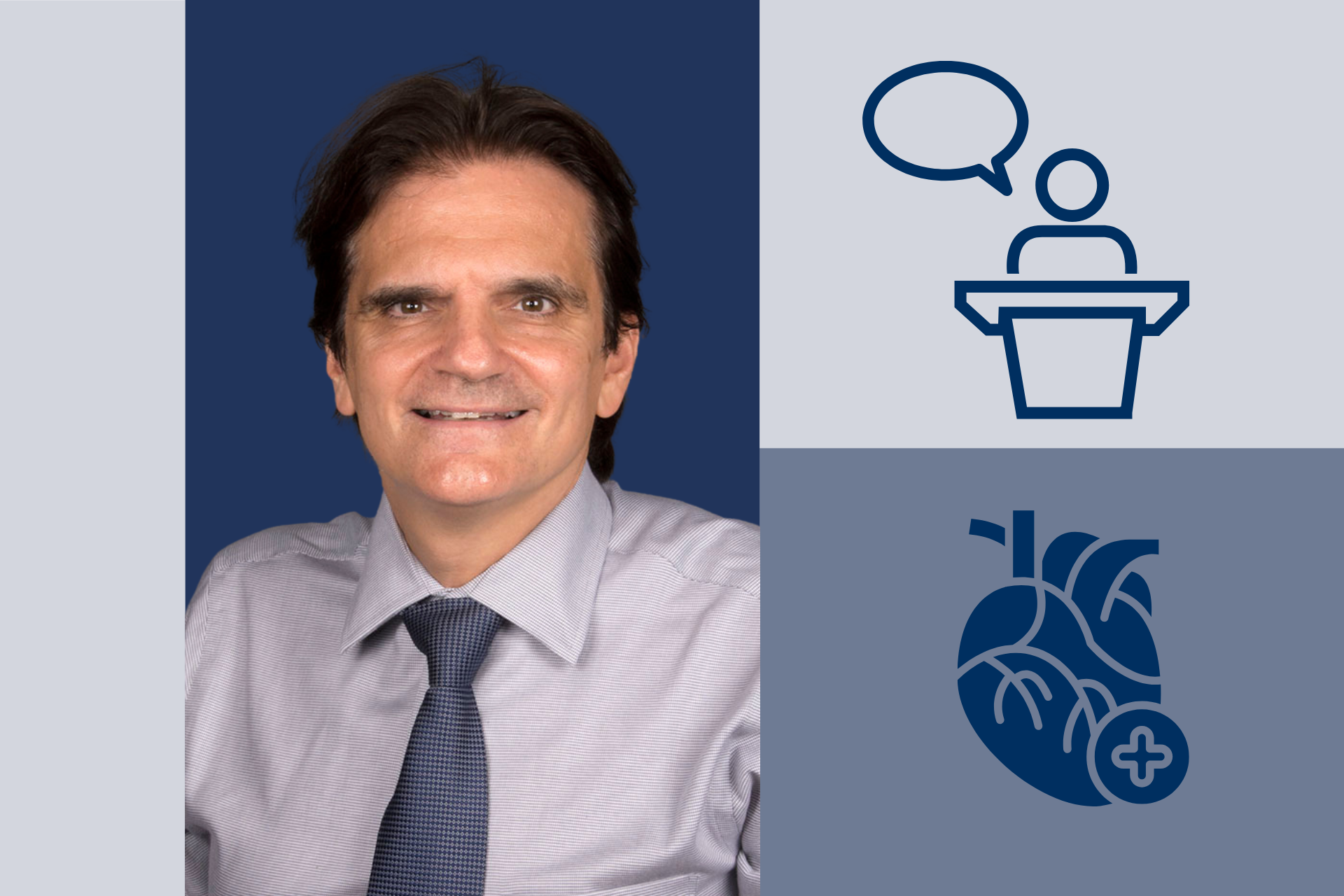 Photo du Dr Josep Rodés-Cabau et pictogrammes d'un coeur humain et d'un présentateur au lutrin