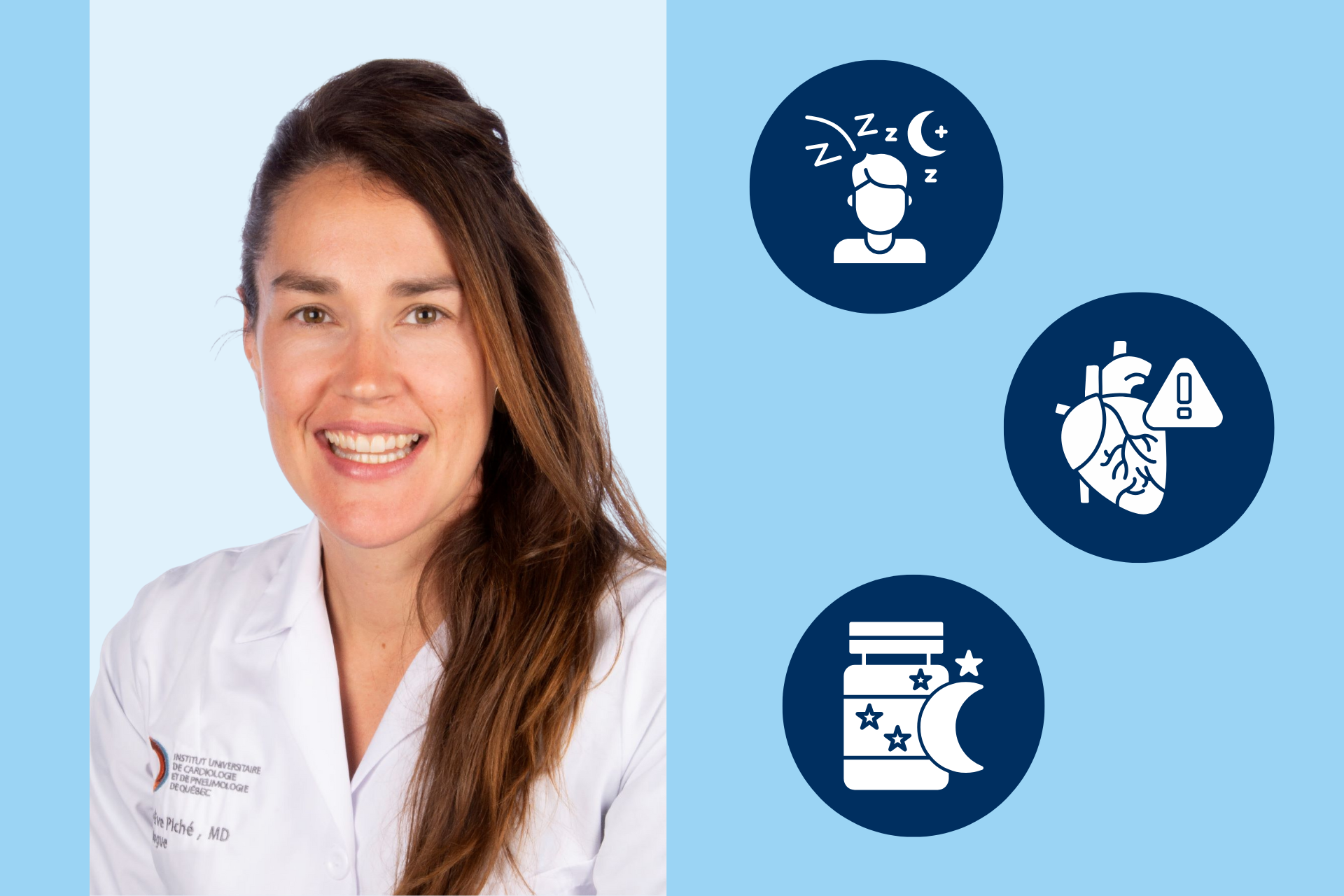 photo de la Marie-Eve Piché et pictogrammes d'un pout de suppléments de mélatonine et d'un coeur humain
