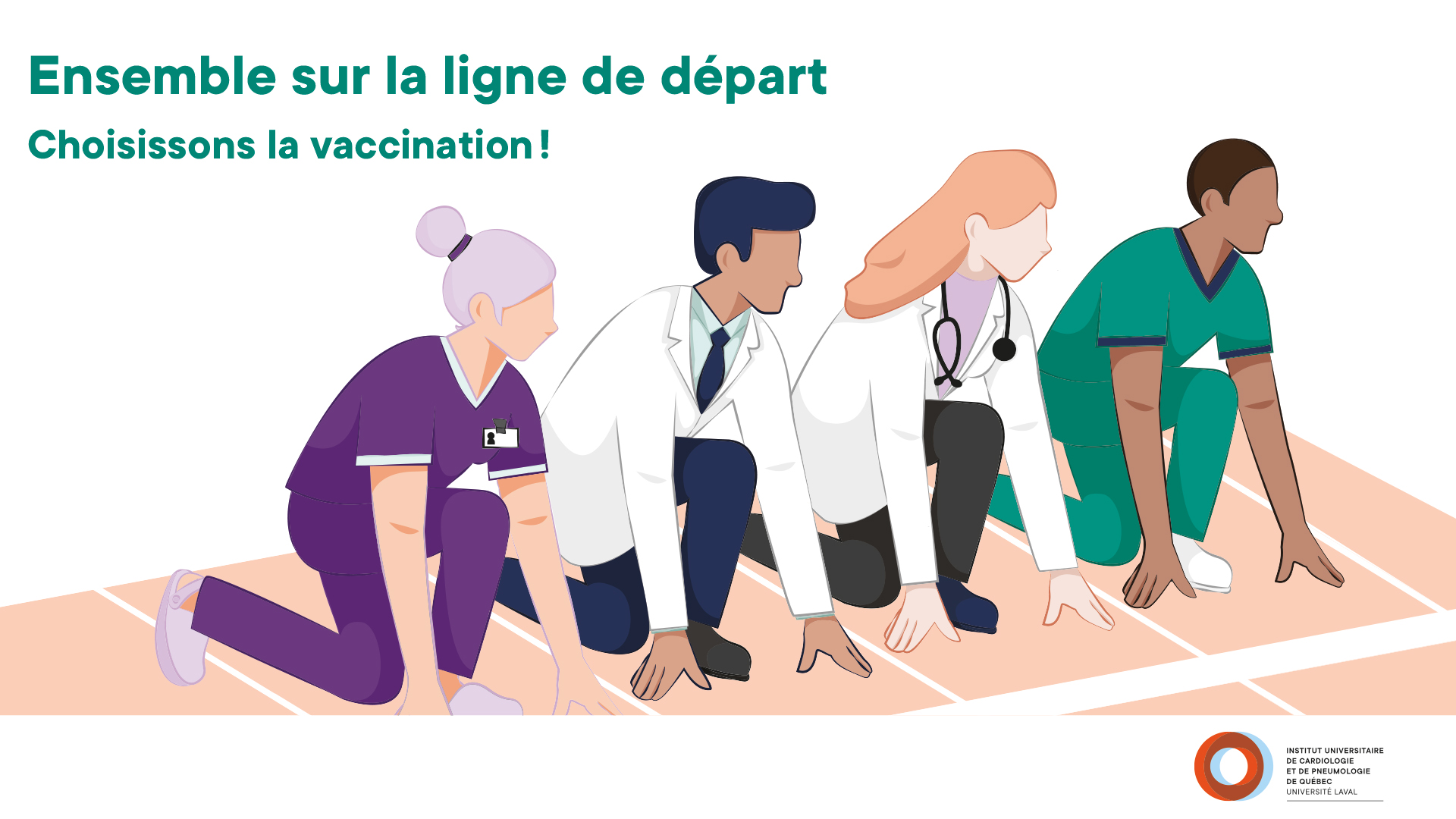 Images de personnes vêtues en uniformes de travailleurs de la santé , en position de départ pour une course à pied