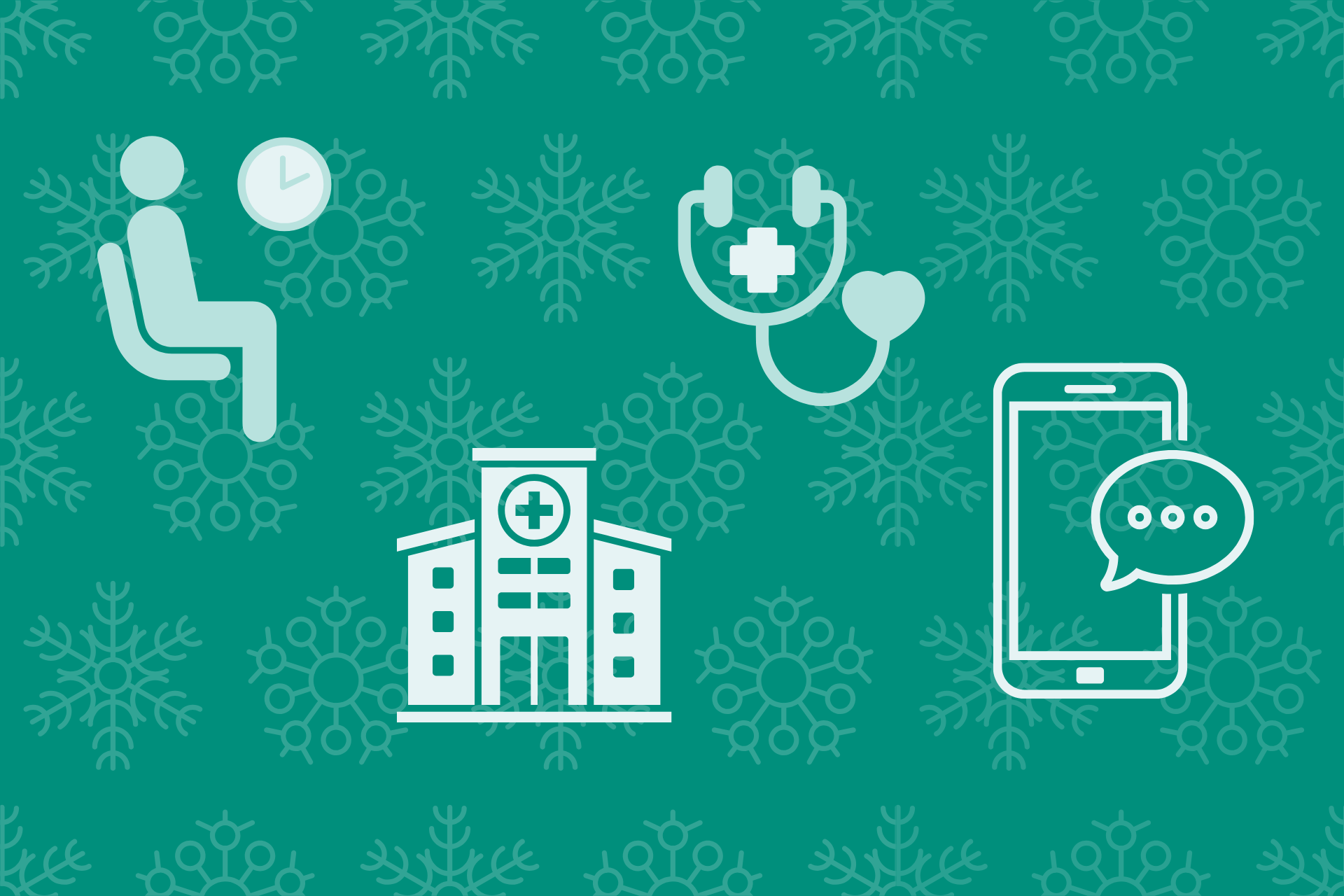 pictogrammes illustrant l'attente. un hôpital, un téléphone cellulaire et un stéthoscope sur fond de flocons de neige
