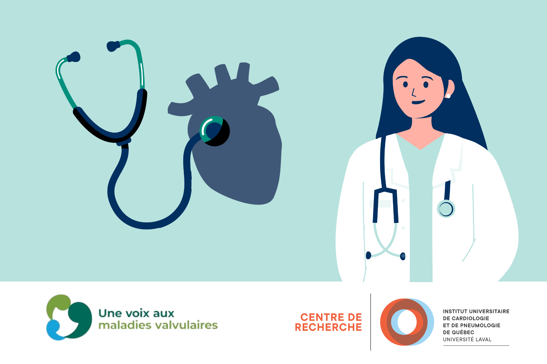pictogrammes d'un coeur humain et d'un stéthoscope, ainsi que d'une femme en sarrau