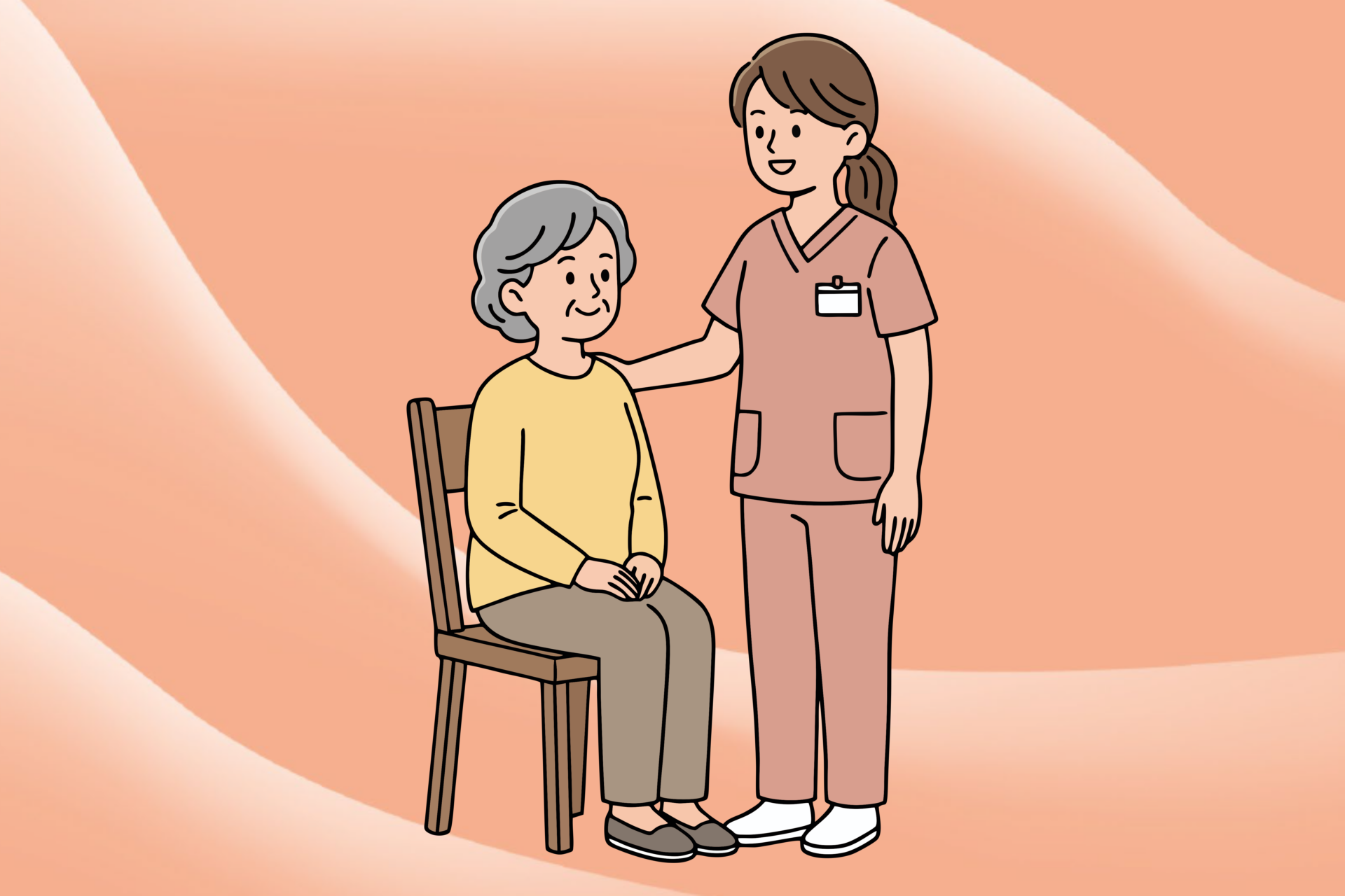 Dessin d'une intervenante qui pose la main délicatement sur l'épaule d'une personne aînée, assise